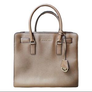 Michael Kors Dillon Medium Saffiano Leather Satchel Taupe Tan Bag Purse - EUC